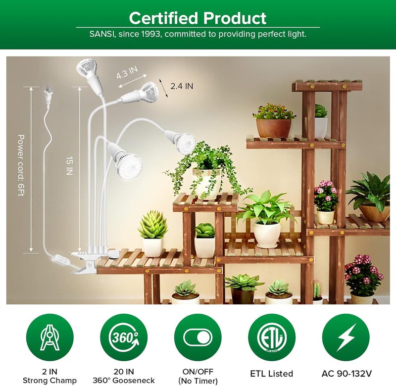 Sansi LED Grow Lights for Indoor Plants, 600W Full Spectrum Clip-on Gooseneck Grow Light with Ceramic Tech.,40W Plant Light for Indoor Growing High PPFD, Lifetime Free Bulb Replacement White, No Timer - Image 4